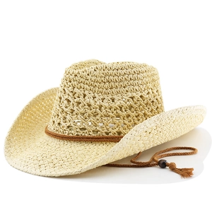 Western style beige straw beach hat with hollow weave and beaded tassel decoration