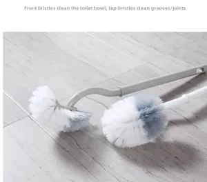 Close-up of curved long handle toilet brush with dual bristles for rim and deep cleaning