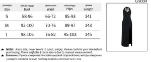 Size chart for V-neck halter maxi dress with measurements for bust, waist and hips
