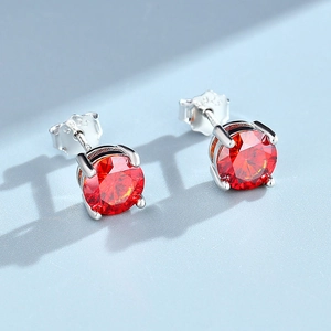 Classic four-prong S925 sterling silver stud earrings with round red moissanite stones