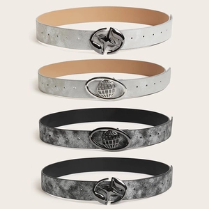 Vintage black leather belts with abstract oval buckles in silver and dark grey finishes