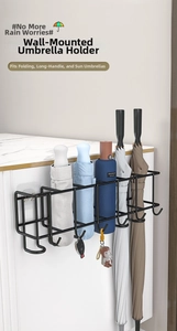 Wall-mounted black iron umbrella rack with storage hooks and drip tray for entryways