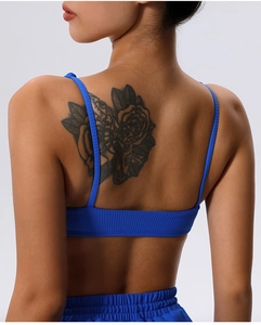 Detail of navy blue ribbed sports bra with thin straps and open back design