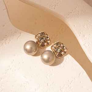 Vintage gold geometric earrings with grey faux pearls and sparkling dark rhinestones