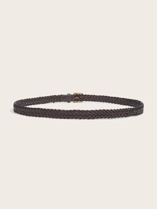 Detailed view of dark brown braided belt featuring a vintage brass pin buckle on beige surface