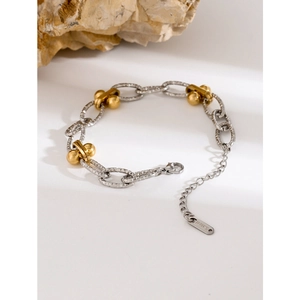 Two-tone 18k gold plated stainless steel bracelet with hammered links and golden spheres