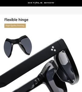 Detail of sunglasses featuring flexible metal hinges and silver hexagonal star rivets