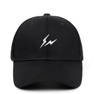 Classic black cotton baseball cap featuring white lightning bolt embroidery on front
