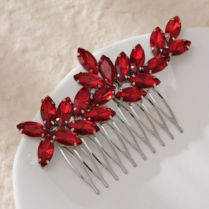 Exquisite silver bridal hair comb with deep red marquise rhinestones in leaf shape