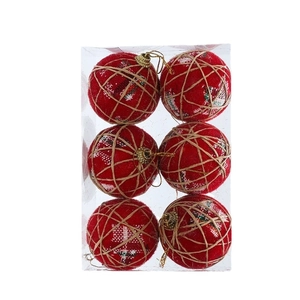 6-piece set of red velvet Christmas balls with snowflake patterns and jute netting