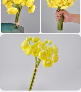 Detailed views of realistic yellow Ranunculus silk bouquet with textured green stems