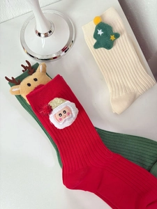 Detailed view of Christmas crew socks featuring 3D Santa, Reindeer and Tree plush charms
