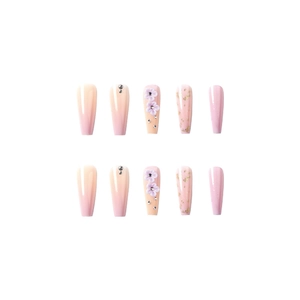 Long coffin press-on nails with purple gradient, 3D floral accents and crystal rhinestones