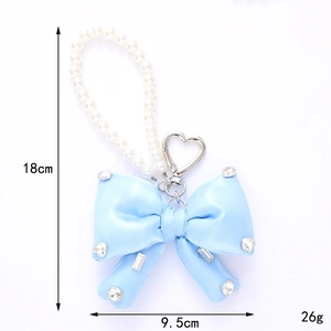 Blue satin bow keychain with pearl strap and silver heart clasp, 18cm elegant accessory