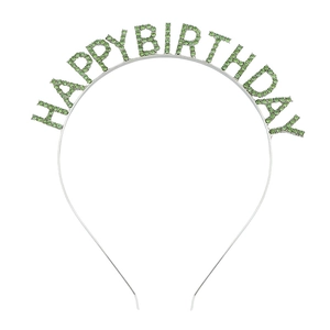 Detail of silver birthday headband with green rhinestone Happy Birthday lettering