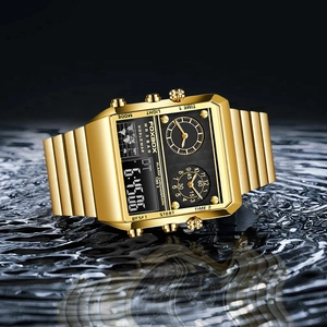 Waterproof gold square dual display sport watch with metal strap reflecting on water