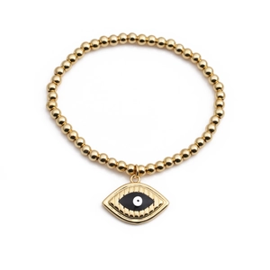 Gold plated evil eye bead bracelet for women featuring blue enamel charm and adjustable elastic