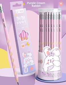 Purple 2B ergonomic pencils for kids with grip aid holes and cute cartoon rabbit case