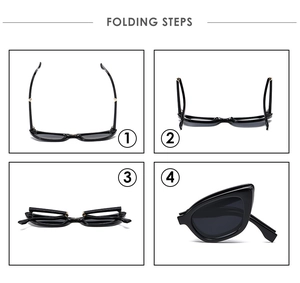 Detailed four-step guide showing how to fold the black cat-eye portable sunglasses