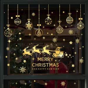 Gold Christmas Window Stickers Static Cling Reusable Santa Sleigh Snowflake Pattern Glass Home Party Decoration