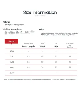 Tableau des tailles pour leggings de yoga avec spécifications du tissu et mesures