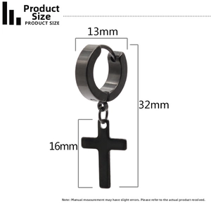 Detailed measurement view of black stainless steel cross earring with 32mm total length