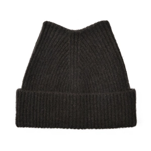 Detailed texture of dark grey rib-knit beanie with cute 2025 winter cat ear design