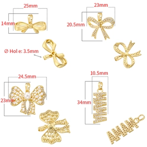 Gold-plated bow and MAMA letter pendants set with cubic zirconia and pearls dimensions