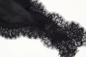 Detailed close-up of delicate eyelash lace trim and smooth satin fabric on a black dress