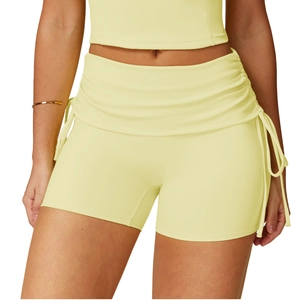 Damen Yoga-Shorts in Zitronengelb mit hoher Taille, Faltenwurf und seitlichem Kordelzug