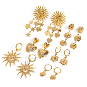 Gold stainless steel star and sun earrings set with dangling heart and tassel charms