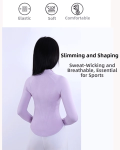 Détail du haut de yoga lavande avec dos ajusté sans couture et coutures arquées design