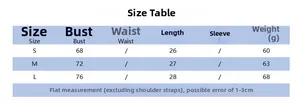 Tableau des tailles pour haut dos nu femme avec mesures de poitrine et longueur