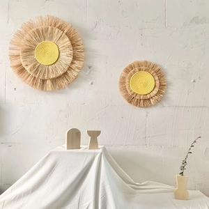 Raffia Wall Decor Handmade Woven Bohemian Straw Wall Hanging Cotton Rope Wood Beads Nordic Style Home Art Ornament