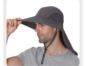 Side view of dark grey outdoor sun hat with neck flap and breathable mesh detail
