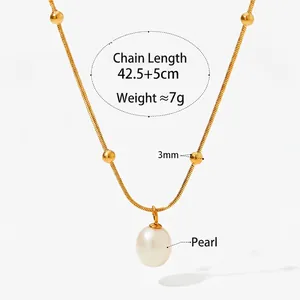 Gold snake chain pearl necklace, 42.5+5cm length with 3mm beads and white pearl pendant