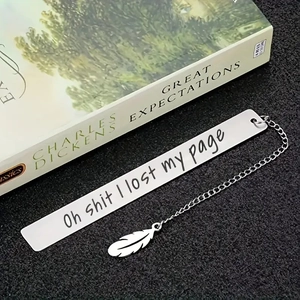 Stainless steel bookmark with feather pendant and Oh Shit I Lost My Page engraving