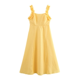 Yellow Ruffle Camisole Maxi Dress For Women Summer Textured Embossed High Waist Sleeveless Long Gown Elegant Sweet