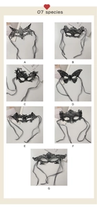 Collection of seven black lace masquerade masks in various elegant cutout patterns
