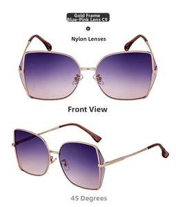 Close-up of gold metal frame sunglasses with blue-pink gradient lenses, model C9
