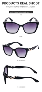 Multiple views of black cat-eye sunglasses with gradient gray lenses and V-shaped metal trim