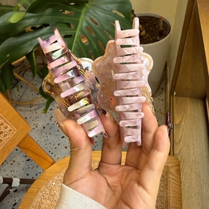 Pink marble acetate hair claw clips with star and moon rhinestones for women hair styling