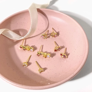 Detailed flat lay of 18k gold plated star and heart studs with colorful zircons on a tray