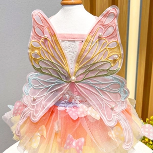 Detailed close-up of pink pet fairy dress featuring 3D butterfly, pearls, and embroidery
