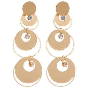 Golden multi-layer hoop drop earrings with sparkling crystals on white background