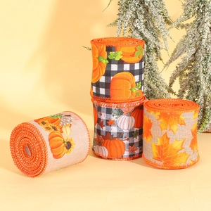 Set of 4 autumn themed decorative ribbons with pumpkin and maple leaf patterns