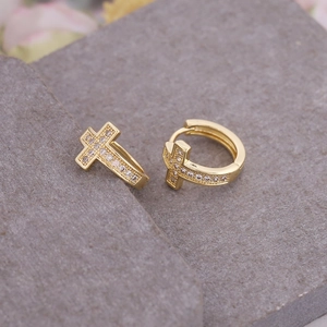 Classic 18K gold plated copper hoop earrings with CZ cross charms on grey stone