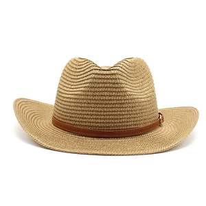 Chapeau de cowboy en paille tissée pour femme avec bord incurvé et ruban en cuir