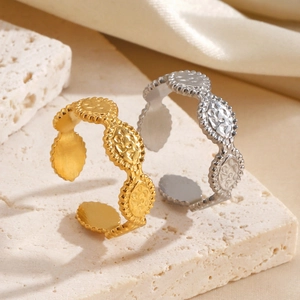 Stainless Steel Geometric Open Ring Oval Relief Hammered Texture Retro Bohemian Style Adjustable Fashion Jewelry For Women