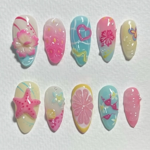 3D Embossed Fruit Flower Press On Nails Summer Beach Party Heart Plaid Almond Shaped Artificial Fake Nails For Women